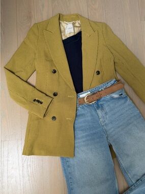 Aritzia Wilfred Yellow-Mustard Checked Double-Breasted Blazer